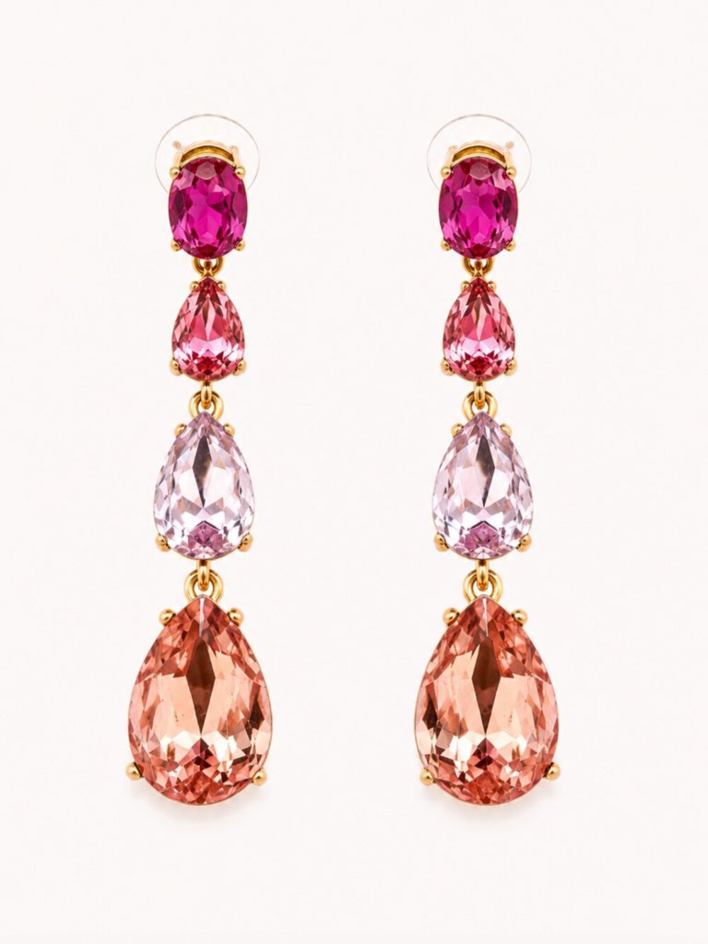 Oscar de la Renta Pink Crystal Drop Earrings Gold Statement Teardrop Earrings
